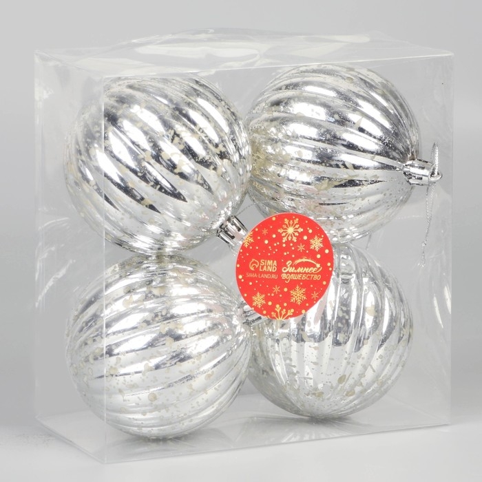 Набор шаров пластик d-8 см, 4 шт Набор шаров пластик d-8 см, 4 шт "Винтаж" полосы, серебро
