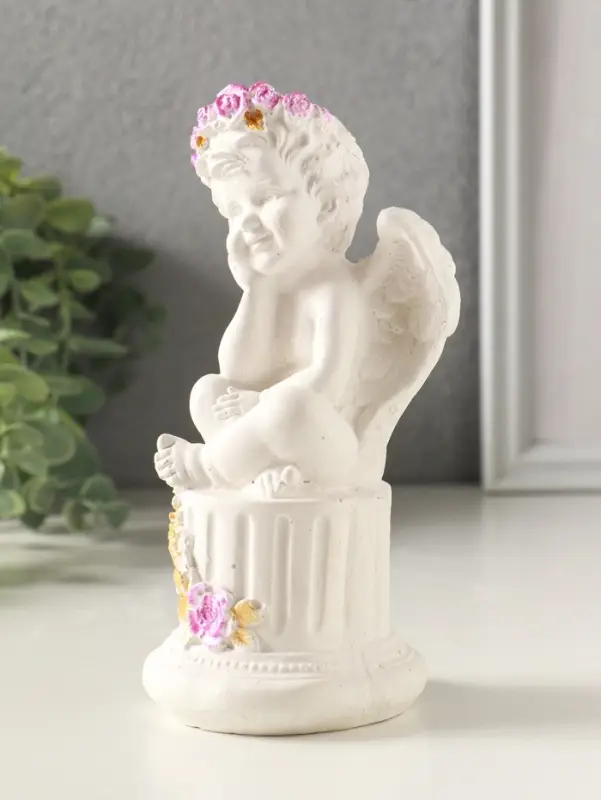 Фигурка гипс &laquo;Ангел на тумбе с цветами&raquo;, 15&times;7 см, белый с росписью