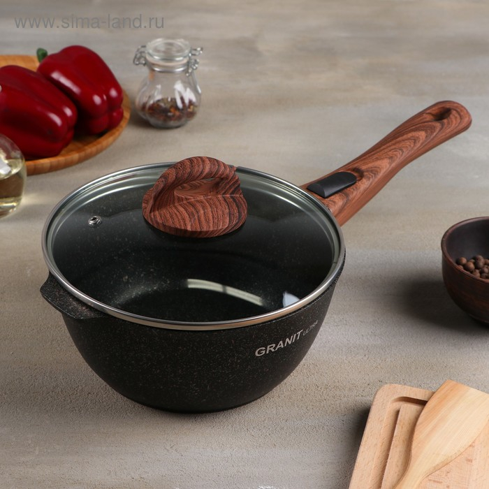 Ковш Grаnit ultrа, 2,2 л, стеклянная крышка, съёмная ручка, антипригарное покрытие, цвет чёрный Ковш Grаnit ultrа, 2,2 л, стеклянная крышка, съёмная ручка, антипригарное покрытие, цвет чёрный