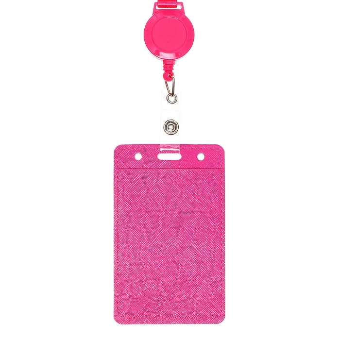 Бейдж-карман вертикальный кожзам, внешний 110x68мм, внутренний 85x54мм, лента 80x1,2см, розовый.