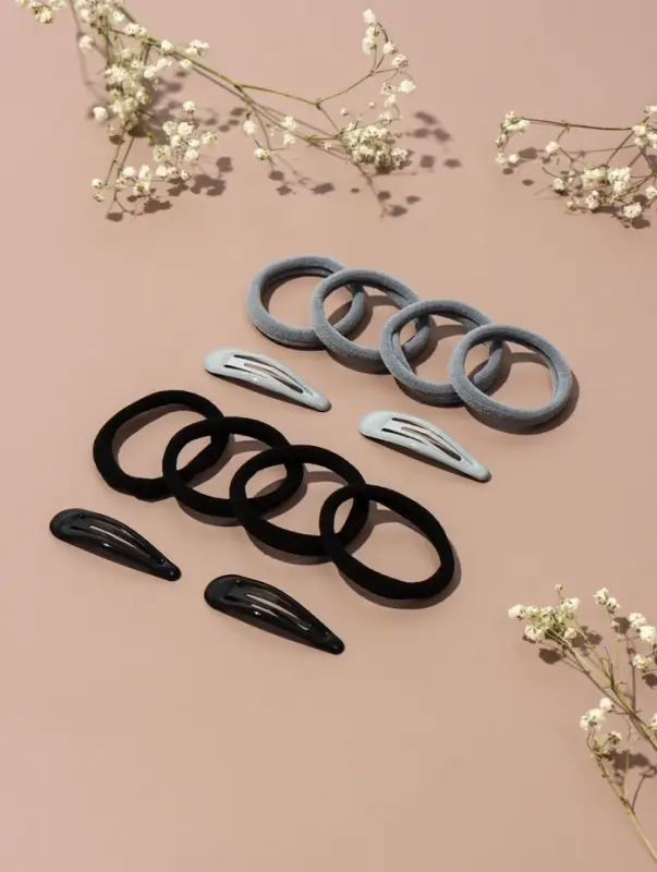 Набор для волос QF &laquo;Мира&raquo;, 12 шт.: 4 заколки 5 см, 8 резинок 3.5 см, серо-чёрный