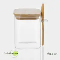 Банка для сыпучих BellaTenero &laquo;Эко&raquo;, 500 мл, 10.5&times;8.2&times;10.5 см, с бамбуковой крышкой и ложкой, стекло, прозрачная