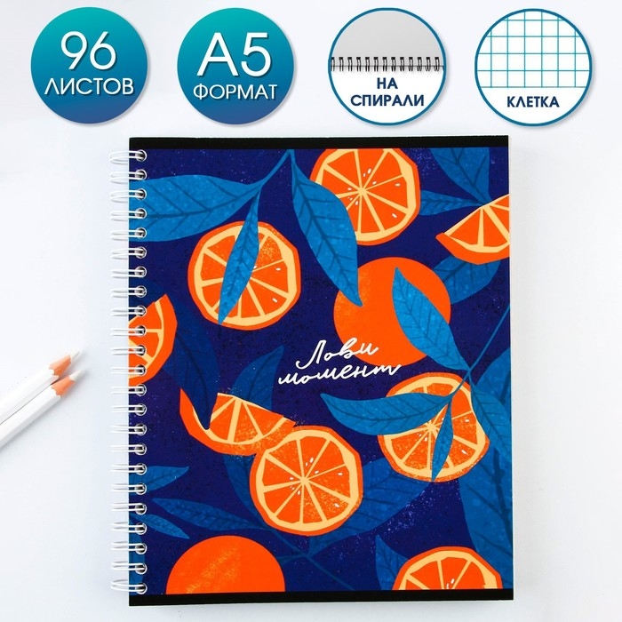 Тетрадь в клетку, 96 листов А5 на спирали, &laquo;Лови момент&raquo; ,обложка мелованный картон 230 г внутренний блок №2, белизна 80%