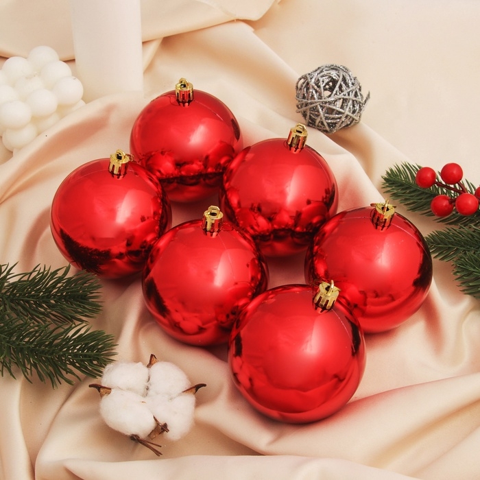 Набор шаров пластик d-8 см, 6 шт "Винтажный глянец" красный