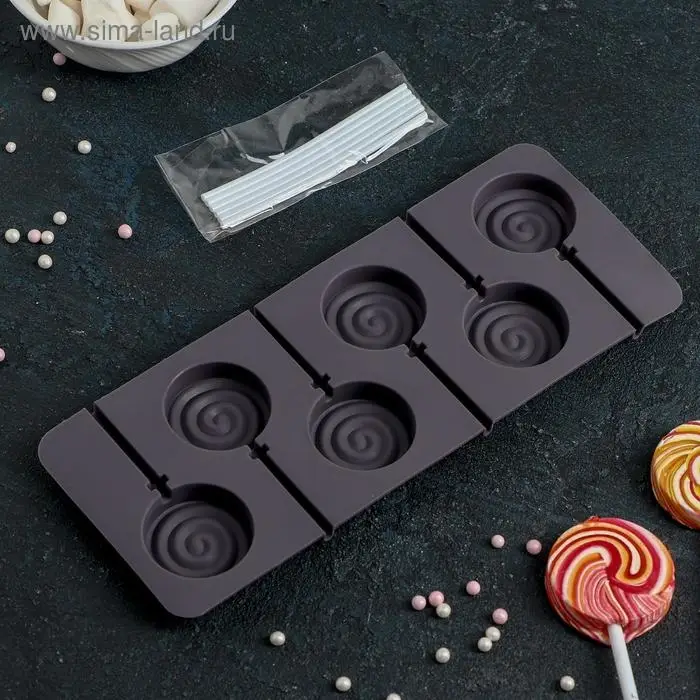 Форма для леденцов Доляна «Леденец», силикон, 9.5×24 см, 6 ячеек (8.2×3.9 см), с палочками, МИКС Форма для леденцов Доляна «Леденец», силикон, 9.5×24 см, 6 ячеек (8.2×3.9 см), с палочками, МИКС