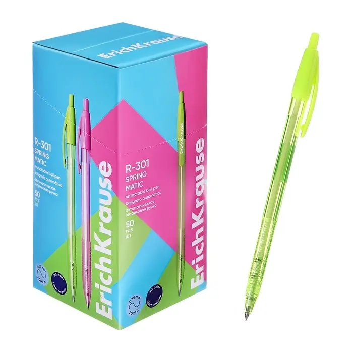 Ручка шариковая автоматическая ErichKrause R-301 Spring Matic, узел 0.7 мм, чернила синие, длина линии письма 2000 метров, МИКС
