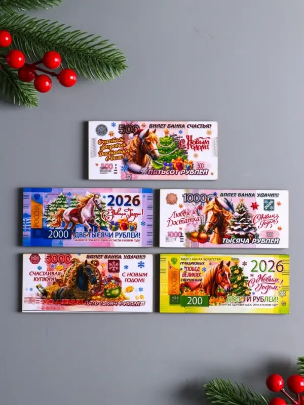 Набор новогодних магнитов "Банкноты с лошадками" вид №2 на 2026 год 5 штук