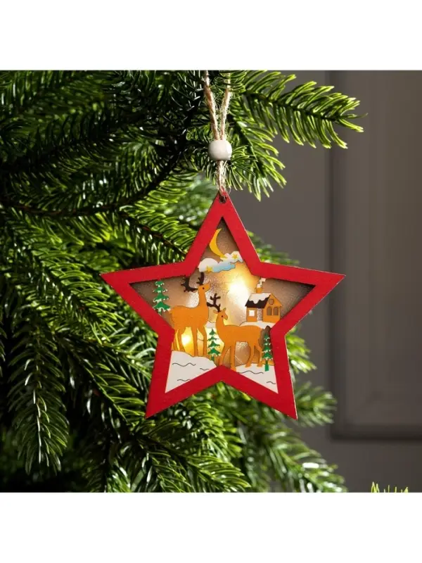 Ёлочная игрушка &laquo;Красная звезда с оленями&raquo;, 10&times;10&times;1 см, 3 LED, от батареек, свечение тёплое белое