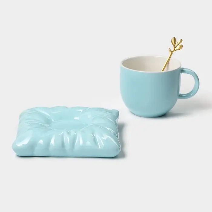 Чайная пара &laquo;Зефирка&raquo;, 3 предмета: чашка 250 мл, блюдце d=13.7 см, ложка, керамика, голубая