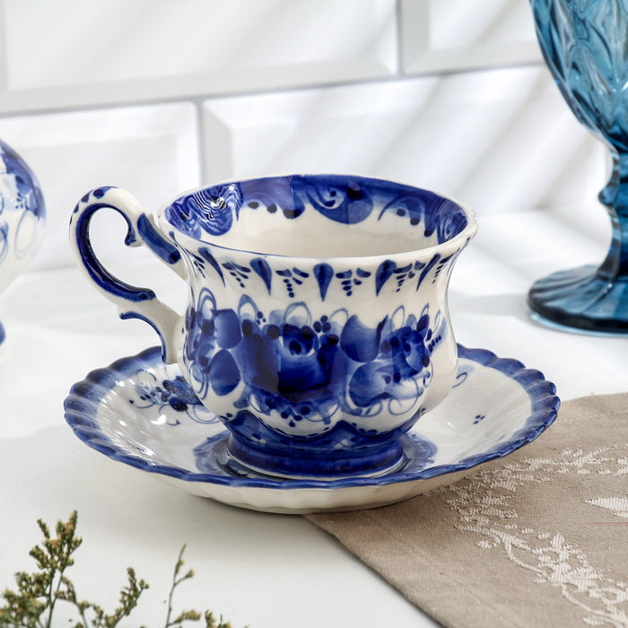 Чайная пара Чайная пара "Шатер", гжель, фарфор, 9х15 см