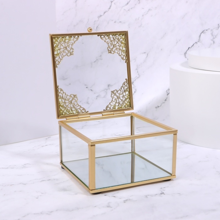 Органайзер для хранения «GREAT», с крышкой, стеклянный, с зеркальным дном, 1 секция, 10 × 10 × 6 см, цвет прозрачный/медный