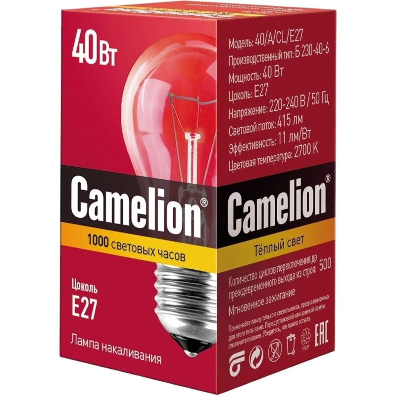 Лампа накаливания Camelion 40/A/CL/E27 40Вт Е27 гр