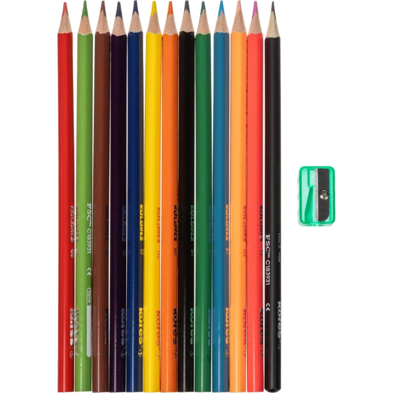 Карандаши цветные KOLORES трехгр. 12шт/наб + 1 ч/г,точилка,карт.тубус 93319