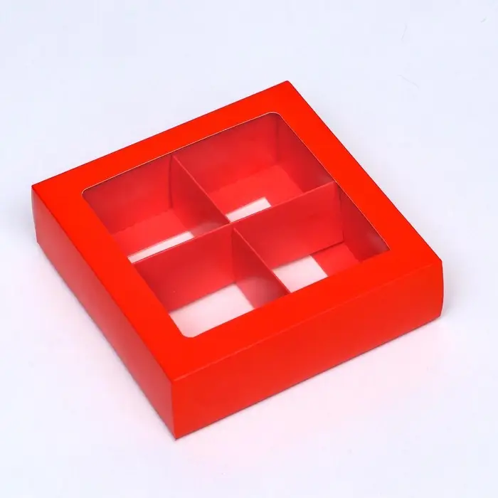 Коробка для 4 конфеты, алый, 12.5×12.5×3.5 см. Кондитерская упаковка Коробка для 4 конфеты, алый, 12.5×12.5×3.5 см. Кондитерская упаковка