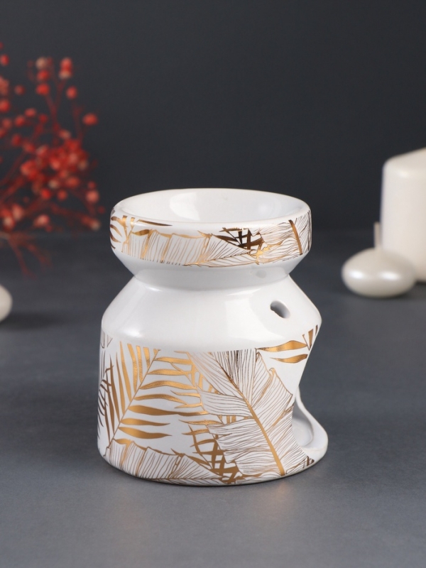 Аромалампа керамика Аромалампа керамика "Золотые пальмовые листья на белом" 9,8х9,8х11 см