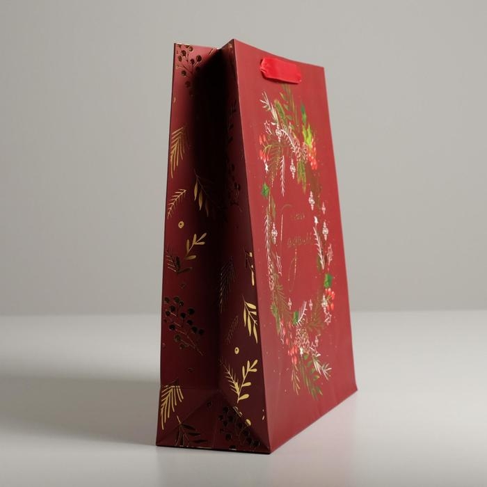 Пакет подарочный новогодний ламинированный «Новогодний веночек», M 26 х 30 х 9 см