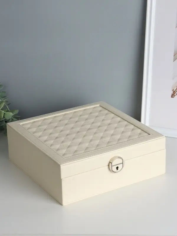 Шкатулка для часов 2 отделения и украшений &laquo;Ромбы белые&raquo;, кожзам, матовая, 8.5&times;25&times;25 см