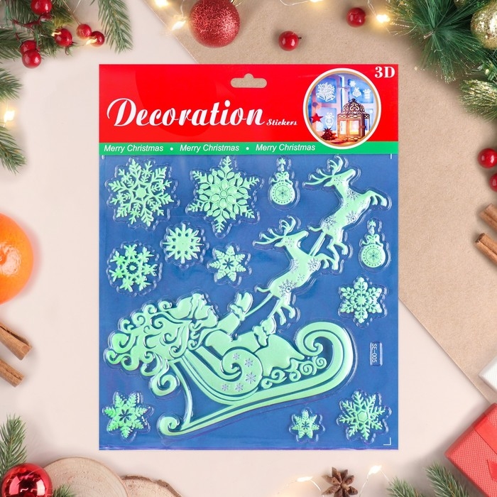 Наклейки на окна, светящиеся Наклейки на окна, светящиеся "Новогодние" Дед Мороз, сани, 27 х 21 см