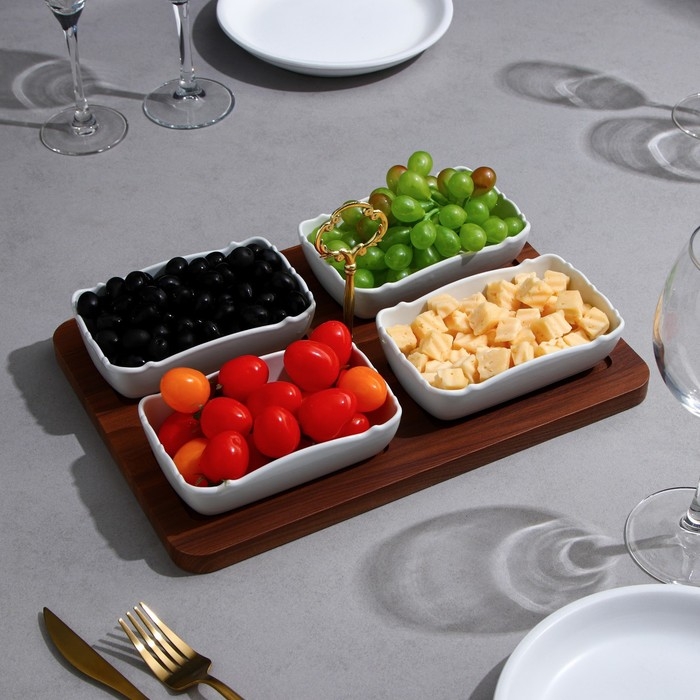 Менажница «Океан», 4 шт: 350 мл, деревянное основание, фарфор, Иран Менажница «Океан», 4 шт: 350 мл, деревянное основание, фарфор, Иран