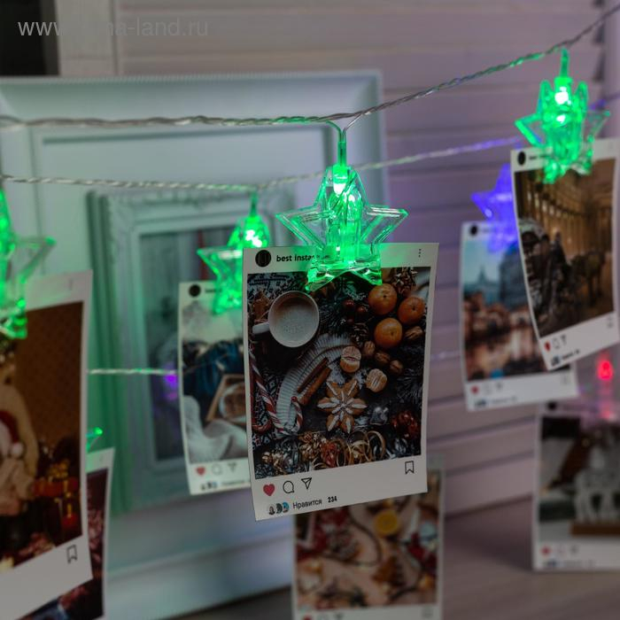 Гирлянда «Нить» 4.5 м с насадками «Прищепки-звёзды», IP20, прозрачная нить, 20 LED, свечение мульти (RG/RB), мигание, 220 В Гирлянда «Нить» 4.5 м с насадками «Прищепки-звёзды», IP20, прозрачная нить, 20 LED, свечение мульти (RG/RB), мигание, 220 В