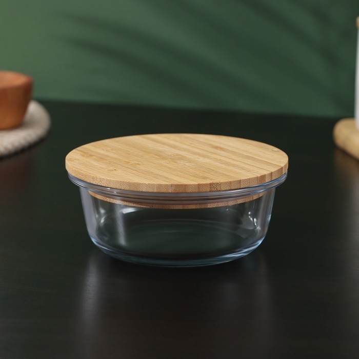 Контейнер для еды из жаропрочного стекла с бамбуковой крышкой BellaTenero «Эко», 350 мл, 13×5,5см