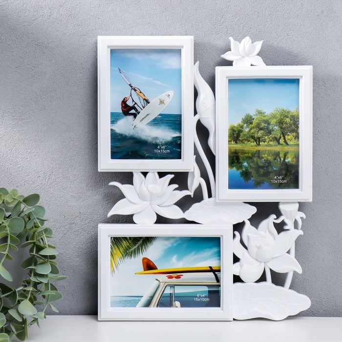 Фоторамка пластик на 3 фото 10х15 см  Фоторамка пластик на 3 фото 10х15 см "Лотосы" белый 36х27 см