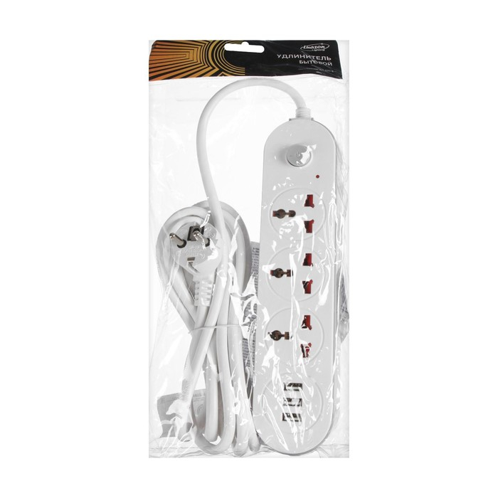 Удлинитель Luazon Lighting, 3 розетки, 3 м, 10 А, 2200 Вт, 2х0.75 мм2, 3хUSB, с выкл., Б