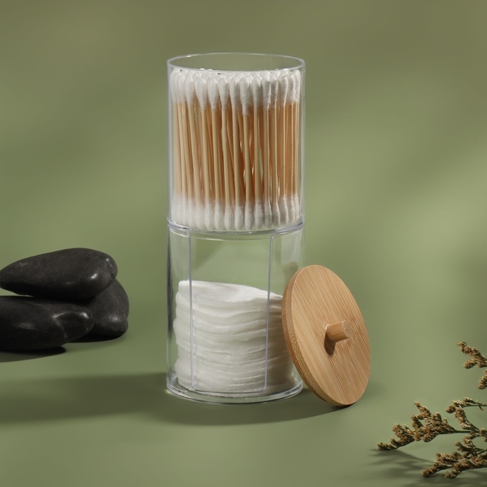 Органайзер для ватных палочек и дисков «BAMBOO», с крышкой, 2 съёмные секции, 7 × 18,5 см, в картонной коробке, цвет прозрачный