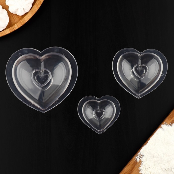 Набор молдов Доляна «Сердца», 3 шт, 11,2×10,5×9,5 / 9×7,7×6,5 / 7×5,5×4,5 см, цвет прозрачный