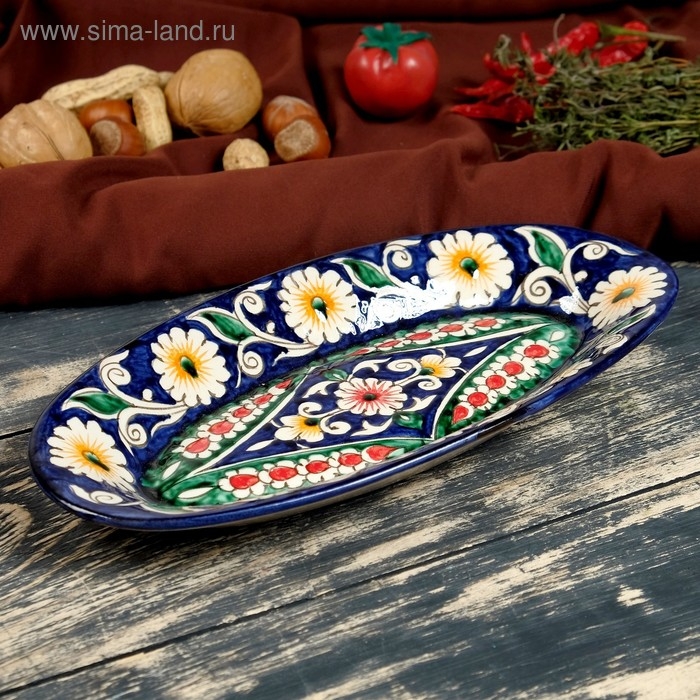 Селёдочница Риштанская Керамика  Селёдочница Риштанская Керамика "Цветы", 24 см, синяя, микс