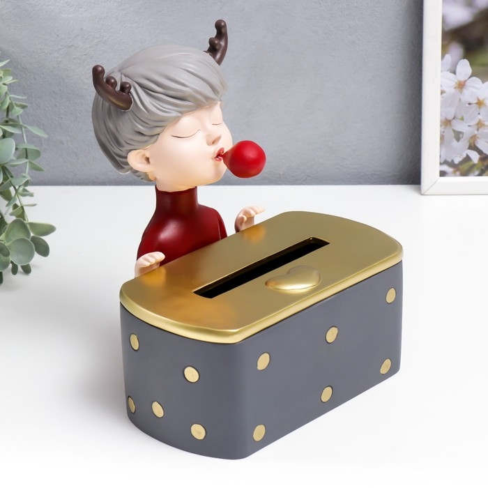 Сувенир полистоун салфетница  Сувенир полистоун салфетница "Девочка с оленьими рожками с красным пузырём" 22х26х19 см