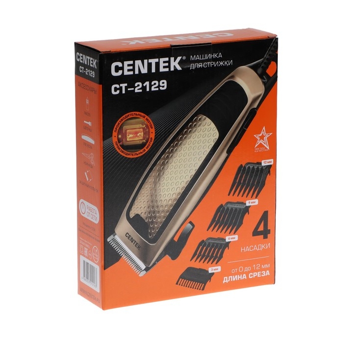 Машинка для стрижки  Centek CT-2129, 12 Вт, 0/3/6/9/12 мм, нерж. сталь, от сети, золотистая