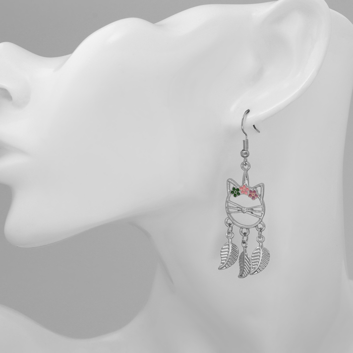 Серьги эмаль «Кошка» с листьями, цветные в серебре Серьги эмаль «Кошка» с листьями, цветные в серебре
