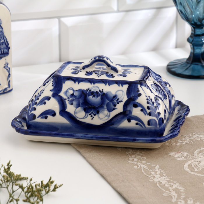 Масленка прямоугольная, гжель, фарфор, 12х18 см Масленка прямоугольная, гжель, фарфор, 12х18 см