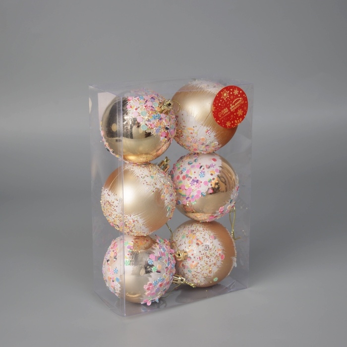 Ёлочные игрушки, шары новогодние , пластик, набор d-8 см, 6 шт Ёлочные игрушки, шары новогодние , пластик, набор d-8 см, 6 шт "Новогодний восторг" золото