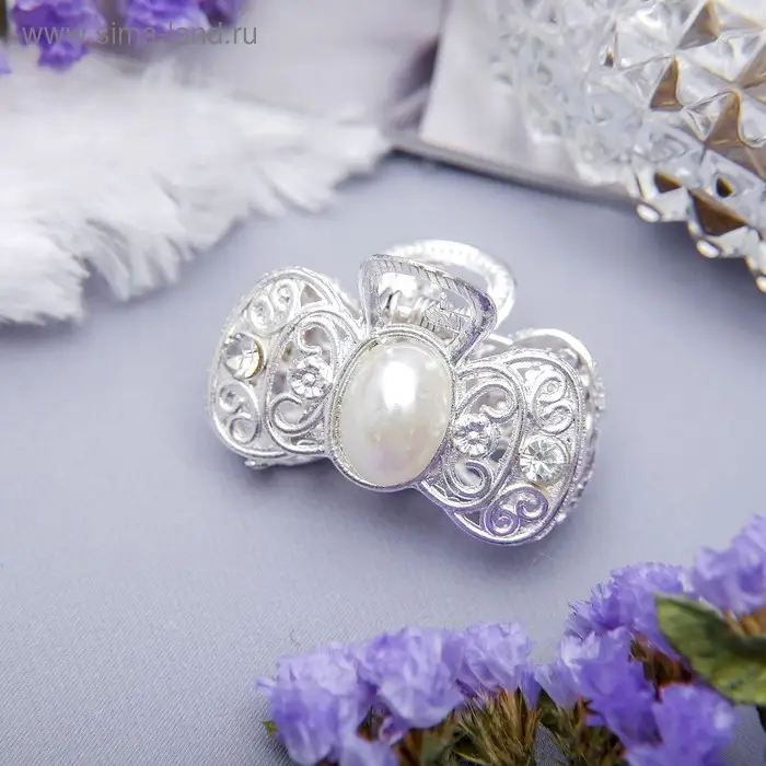 Крабик для волос «Жемчужный», бантик, 3.3 см, серебро Крабик для волос «Жемчужный», бантик, 3.3 см, серебро