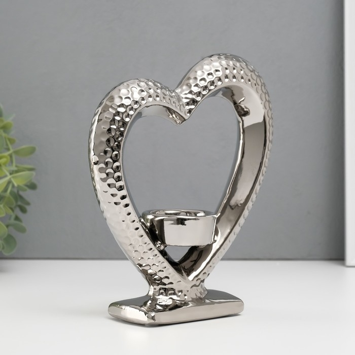 Подсвечник керамика на 1 свечу  Подсвечник керамика на 1 свечу "Сердце на подставке" d=4 см серебро 17х5,5х19,5 см