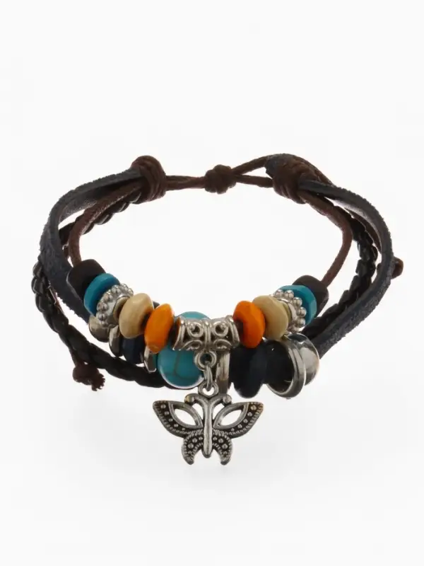 Браслет кожаный с подвеской &laquo;Бабочка и Бусины&raquo;, d=5 см, 3 нити, разноцветный