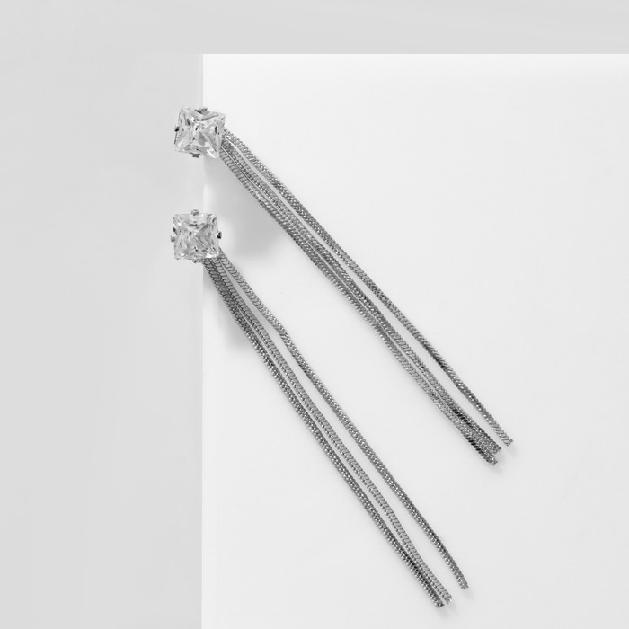 Серьги висячие со стразами «Цепочки» квадрат, цвет белый в серебре Серьги висячие со стразами «Цепочки» квадрат, цвет белый в серебре