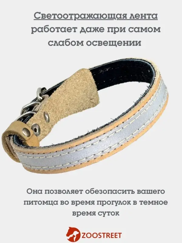 Ошейник, 35&times;1.5 см, с подкладом и светоотражающей лентой, кожа, бежевый