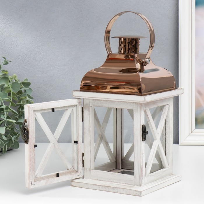 Подсвечник дерево на 1 свечу "Фонарь" серый и медь 24,5х13,5х13,5 см