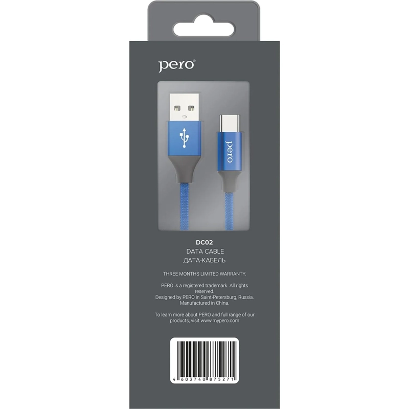 Кабель USB PERO DC-02 Type-C, 3А, 1м, синий