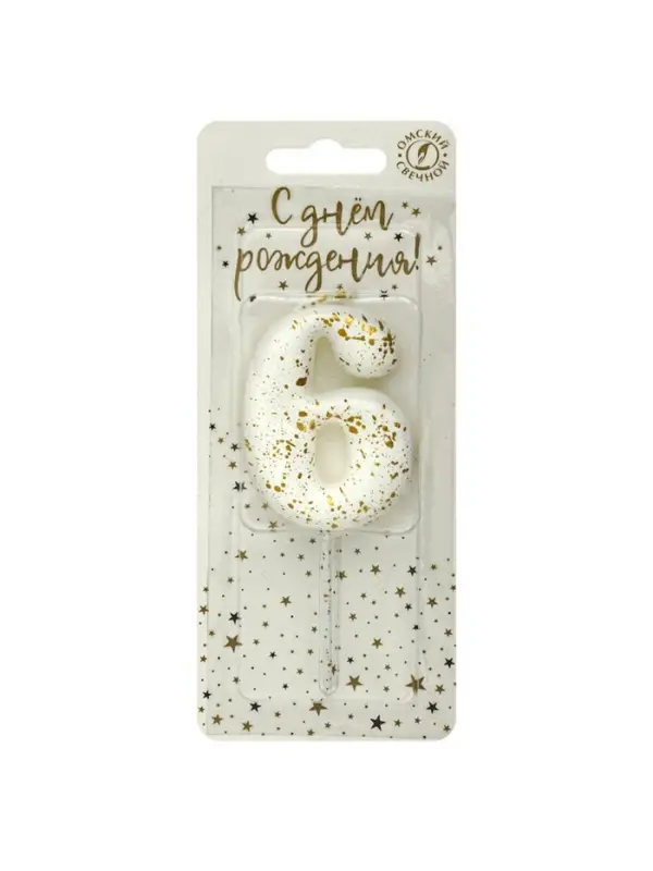 Свеча в торт "Белые брызги", цифра "6"