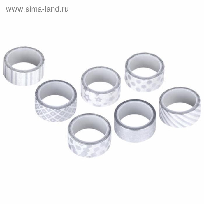 Клейкие WASHI-ленты для декора с фольгой СЕРЕБРИСТЫЕ,15 мм х 3 м (набор 7 шт) рисовая бумага