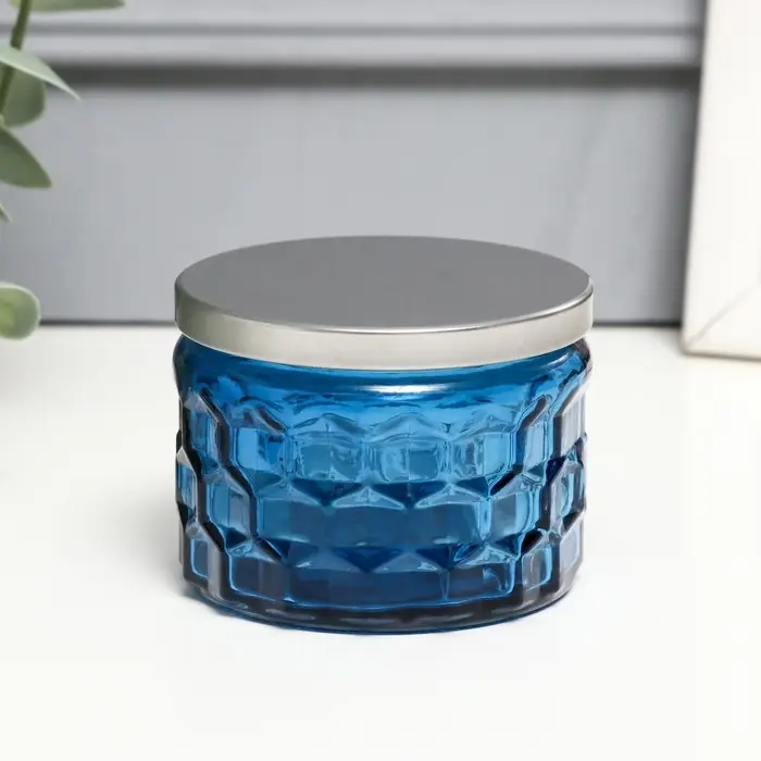 Банка для свечей стеклянная с крышкой «Соты» синяя 5×7×7 см, МИКС Банка для свечей стеклянная с крышкой «Соты» синяя 5×7×7 см, МИКС