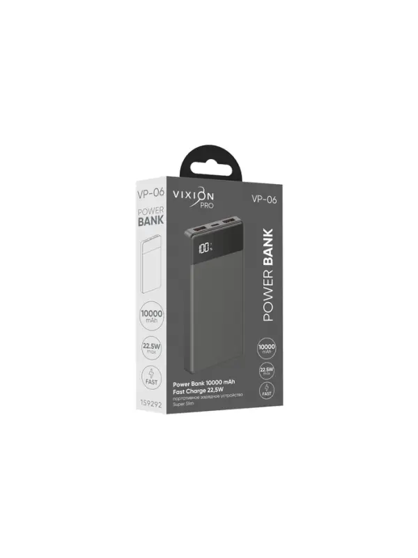 Внешний аккумулятор VIXION PRO VP-06, 10000 мАч, USB+Type-C, 10000 мАч, LED-дисплей, чёрный