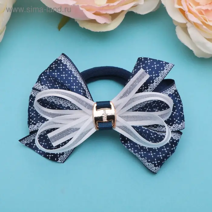 Резинка для волос «Школьница», бант мелкий узор, 8 см, бело-синяя
