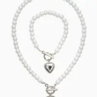 Набор 2 пред-та: бусы.браслет "Жемчуг", сердце, цвет белый в серебре L=18/42см №8