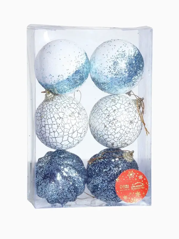 Ёлочные игрушки &laquo;Ксавье&raquo; ассорти, шары новогодние, d=8 см, набор 6 шт., бело-синий
