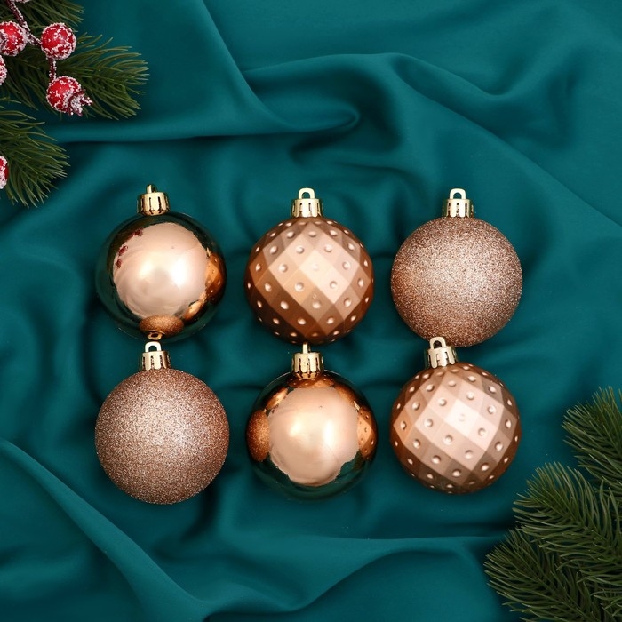 Набор шаров пластик d-6 см, 6 шт Набор шаров пластик d-6 см, 6 шт "Элит геометрия" золото